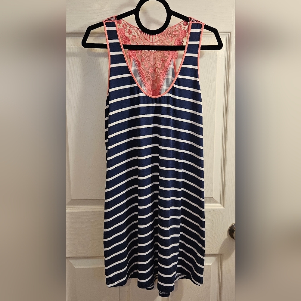 Modern Luxury byCarole Hochman navy/white striped pink crochet back dress size L